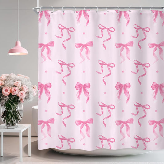 Newsely Pink Bow Shower Curtain 72Wx72L Inch Bownot Adorable Elegant Wave Point Modern Retro Minimalist Lovely Cute Girls Female Bathroom Set Fashion Waterproof Bath Decoration Accessories Home Decor