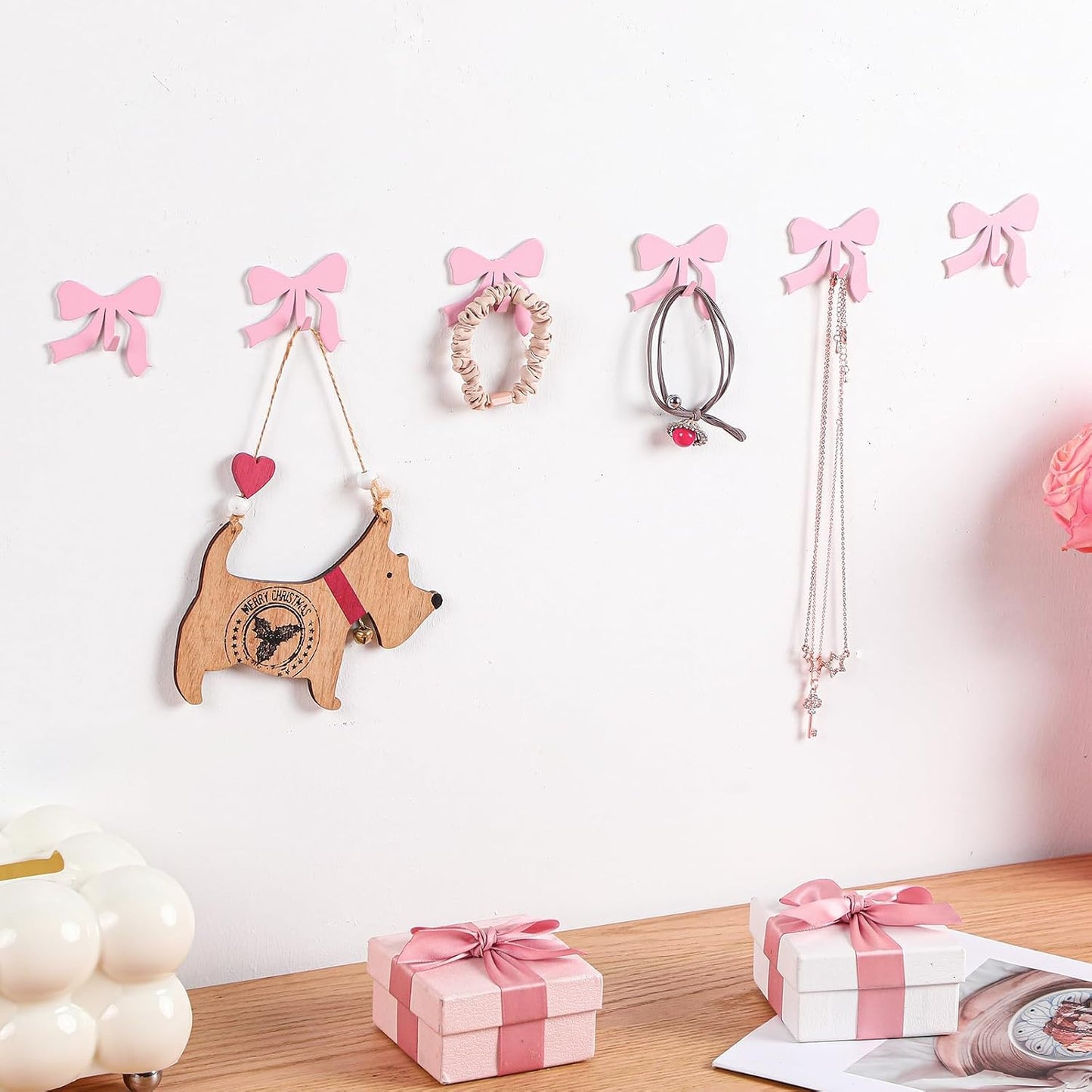 6 Pcs Pink Bow Decorative Wall Hooks Metal Strong Adhesive Wall Door Hanger Coquette Room Decor Cute Towel Coat Hooks Preppy Hanging Decor for Home Kitchen Bathroom Office