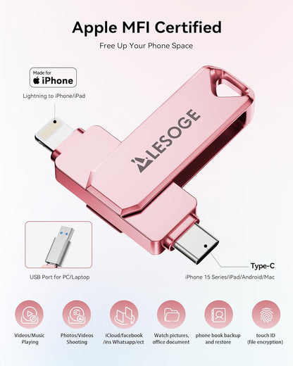 MFi Certified Flash Drive 512GB for iPhone Photo Stick Thumb Drive, High Speed USB Memory Stick iPhone Flash Drive for Photos Videos, External Storage Jump Drive for iPhone/iPad/Android/PC (Pink)