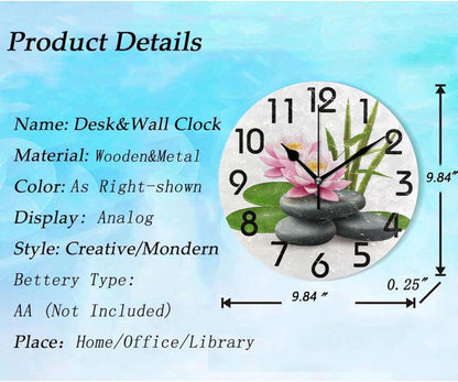 Pretty Large 10 Inch Zen Stones Bamboo Pink Lotus Flower Decor Round Wall Clock,Battery Operated Analog Quiet Non Ticking Desk Clock for Home/Kitchen/Living Room/Bedroom/Bathroom/Office