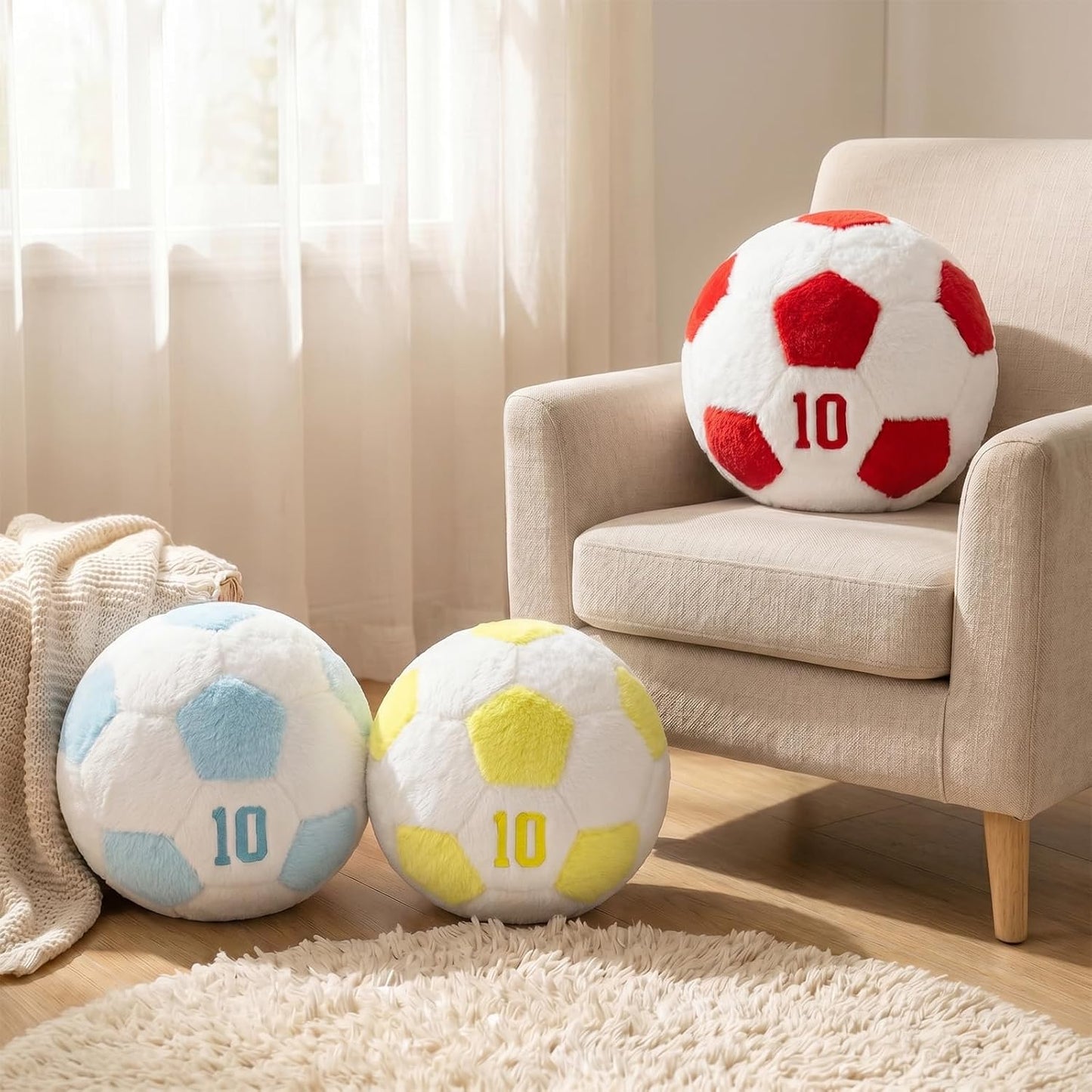 PEACH CAT Soccer Ball Plush 9.8" Cute Soccer Pillow Decorative Football Shaped Round Throw Pillows Gifts Decor for Room Bed Sofa Couch Blue