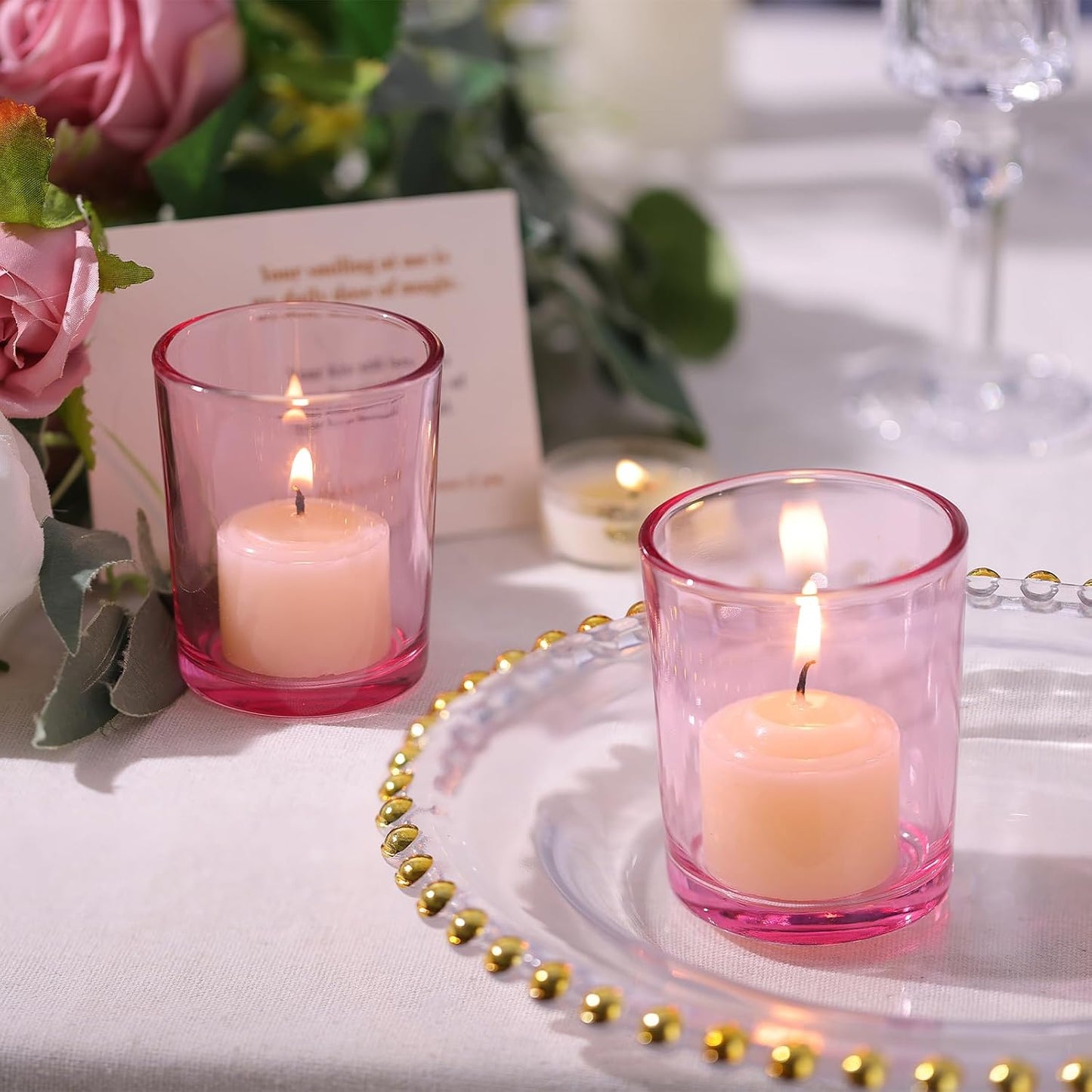 LETINE Pink Votive Candle Holders Set of 36 - Elegant Glass Tealight Candle Holder for Wedding Centerpiece Table Decorations - Ideal Pink Centerpieces for Centerpieces, Graduations, and Bridal Showers