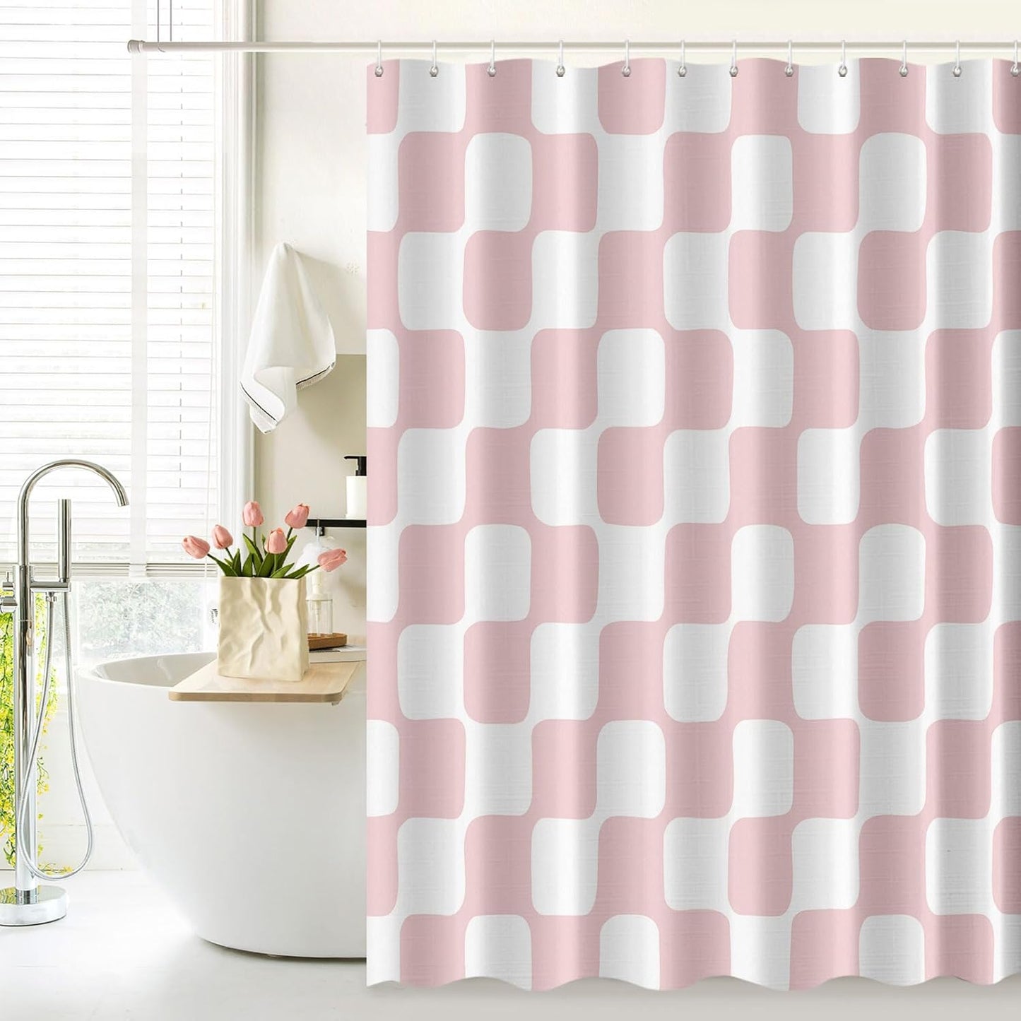 Tititex Retro Checkerboard Grid Pattern 140gsm Faux Linen Fabric Shower Curtain, White Blush Pink Classical Groovy Wavy Checkered Shower Curtain Sets Decoration 72x72 Inch with Hooks