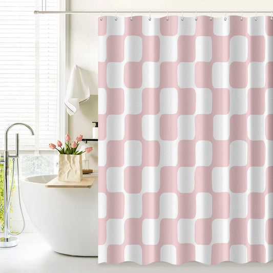 Tititex Retro Checkerboard Grid Pattern 140gsm Faux Linen Fabric Shower Curtain, White Blush Pink Classical Groovy Wavy Checkered Shower Curtain Sets Decoration 72x72 Inch with Hooks