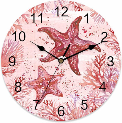 LooPoP Wall Clock Red Pink Starfish Clocks PVC Silent Non-Ticking Battery Operated Decorative Coastal Ocean Coral Round Clock for Home Living Room Kitchen Bedroom Office School Wall Decor 14 Inch