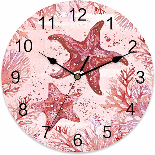 LooPoP Wall Clock Red Pink Starfish Clocks PVC Silent Non-Ticking Battery Operated Decorative Coastal Ocean Coral Round Clock for Home Living Room Kitchen Bedroom Office School Wall Decor 14 Inch