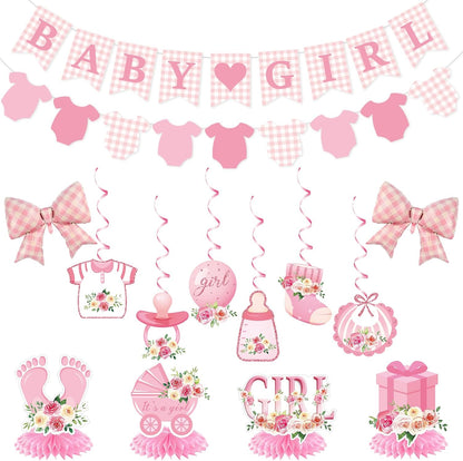 Mindsoft 14 Pcs Pink Girl Baby Shower Decorations Set with Gingham Garland Banner Honeycomb Centerpiece Hanging Swirls Pink Plaid Bowknot Foil Balloons for Birthday Baby Shower Reveal Party Supplies