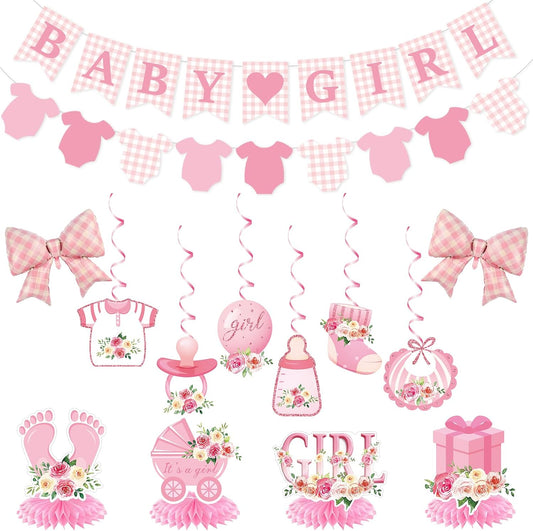 Mindsoft 14 Pcs Pink Girl Baby Shower Decorations Set with Gingham Garland Banner Honeycomb Centerpiece Hanging Swirls Pink Plaid Bowknot Foil Balloons for Birthday Baby Shower Reveal Party Supplies