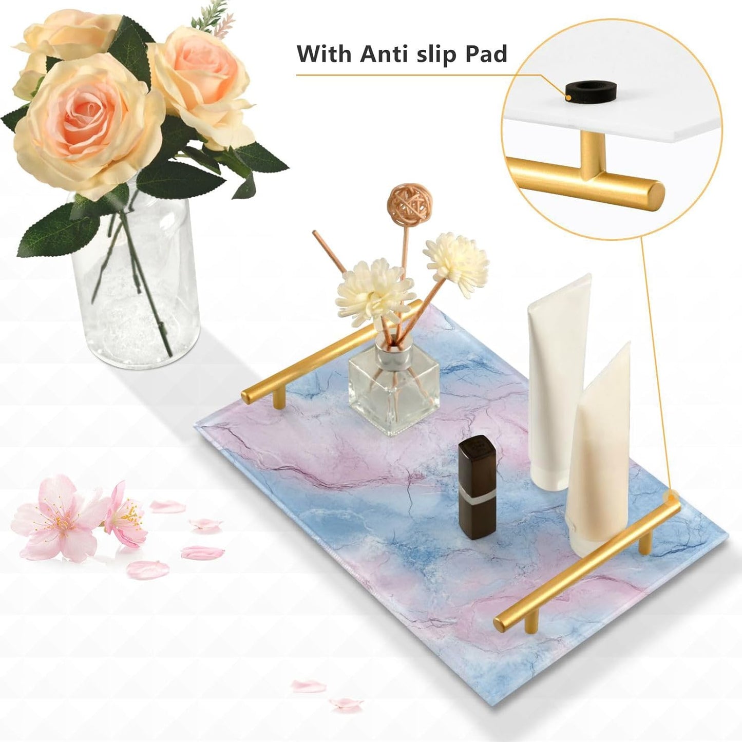 Peach and Light Blue Marble Texture Decorative Dinner Tray with Handles Coffee Serving Tray for Jewelry Perfume for Dinner Serving bandeja para Comer
