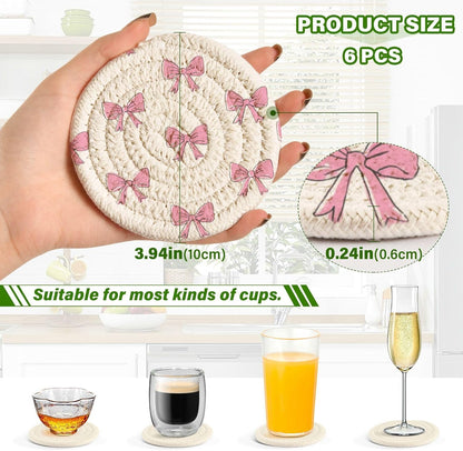 Bar Coasters for Drink with Holder Cute Light Pink Bows Coaster Set of 6 Cotton Woven Coaster for Coffee Table, Bistro Tabletop,Kitchen Home Decor