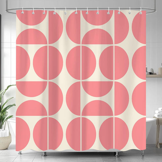 Pink Mid Century Modern Shower Curtain, Boho Abstract Geometric Retro Art Shower Curtains for Bathroom, Cute Semicircle Unique Pattern Polyester Fabric Bathroom Set 12 Hooks 72X72IN