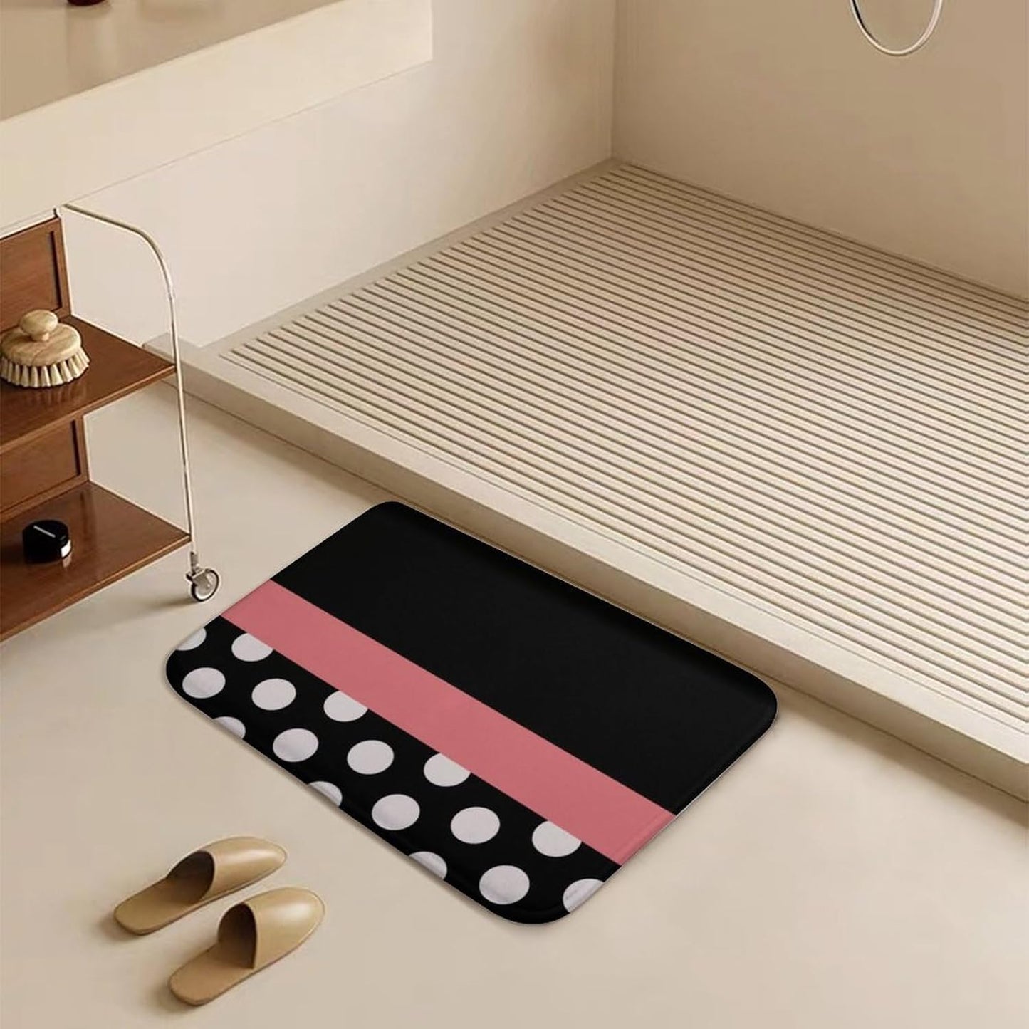 Pink Stripe Black White Polka Dot Bathroom Rug, Non Slip & Soft Absorbent Bath Mat Carpets for Bathroom 16" x 24"
