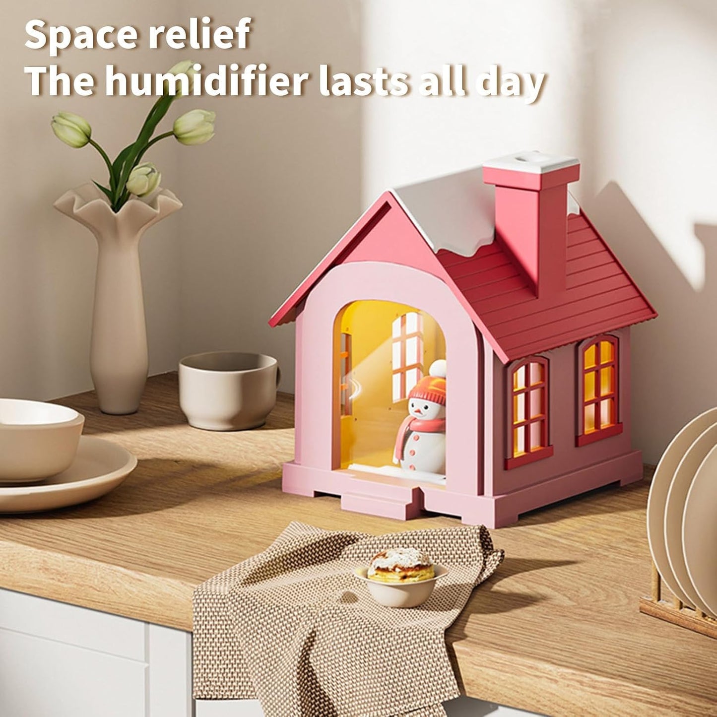 Christmas Village Houses Humidifier 500ml, Cute Snow House Cool Mist Humidifier with Snowman Figurines & Night Light for Bedroom & Office Décor (Pink)