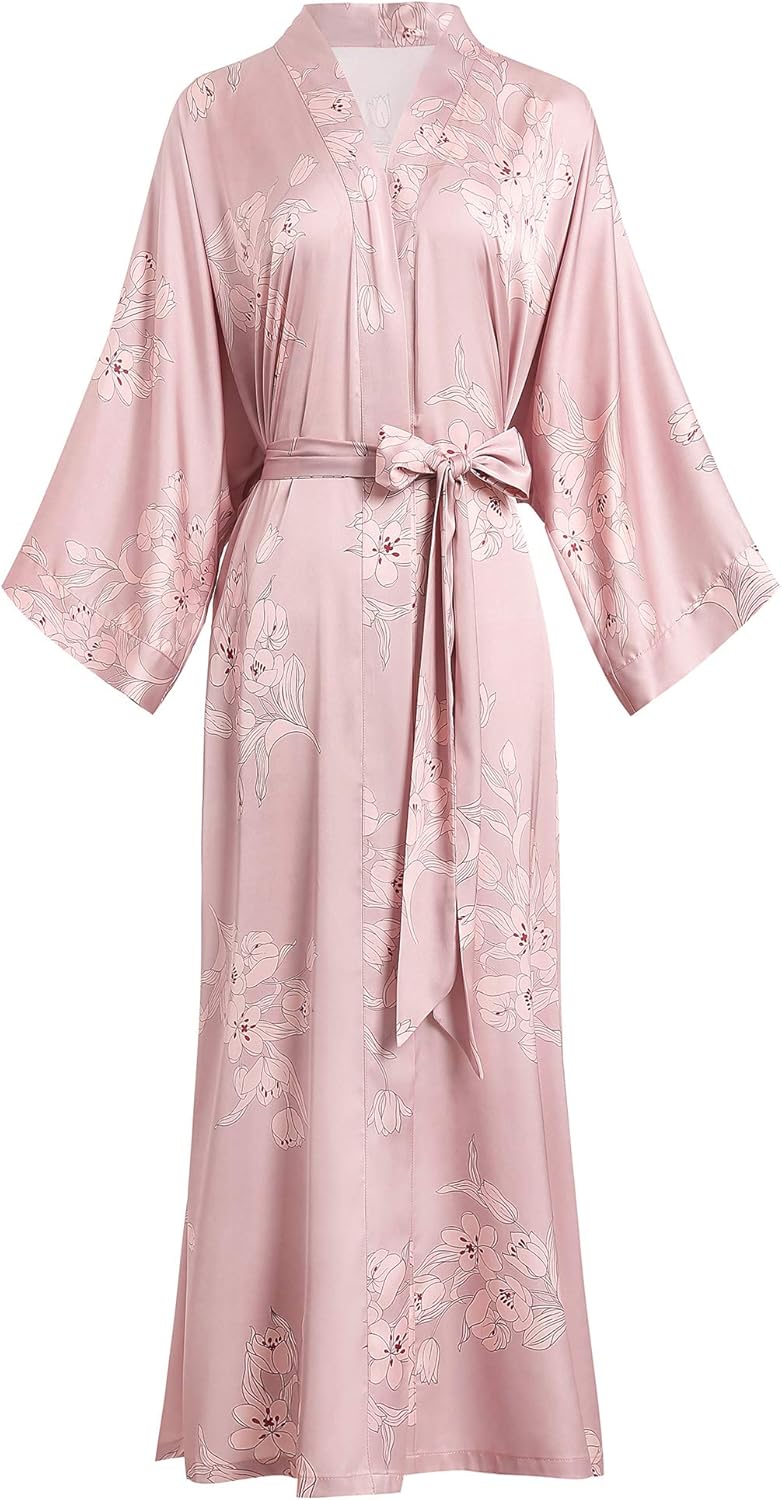 Aensso Long Floral Kimono Robe for Women Luxury Lightweight Silky Japanese Satin Bathrobe for Bridal, Spa & Lounging