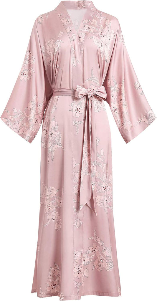 Aensso Long Floral Kimono Robe for Women Luxury Lightweight Silky Japanese Satin Bathrobe for Bridal, Spa & Lounging