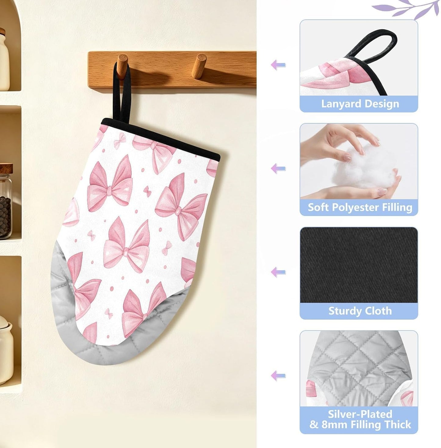 Bows Pink Non-Slip Oven Mitts Set Heat Resistant Kitchen Gloves with Quilted Liner Cotton Machine Washable with Hanging Loop for Baking Grilling BBQ