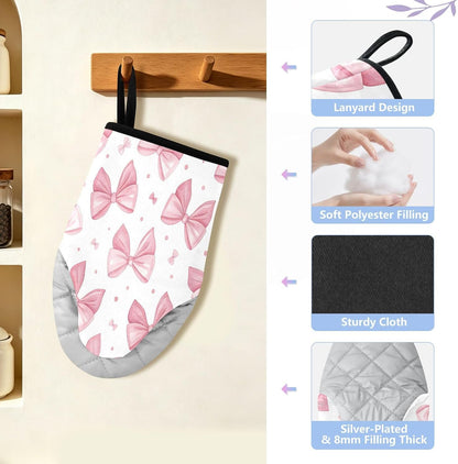 Bows Pink Non-Slip Oven Mitts Set Heat Resistant Kitchen Gloves with Quilted Liner Cotton Machine Washable with Hanging Loop for Baking Grilling BBQ