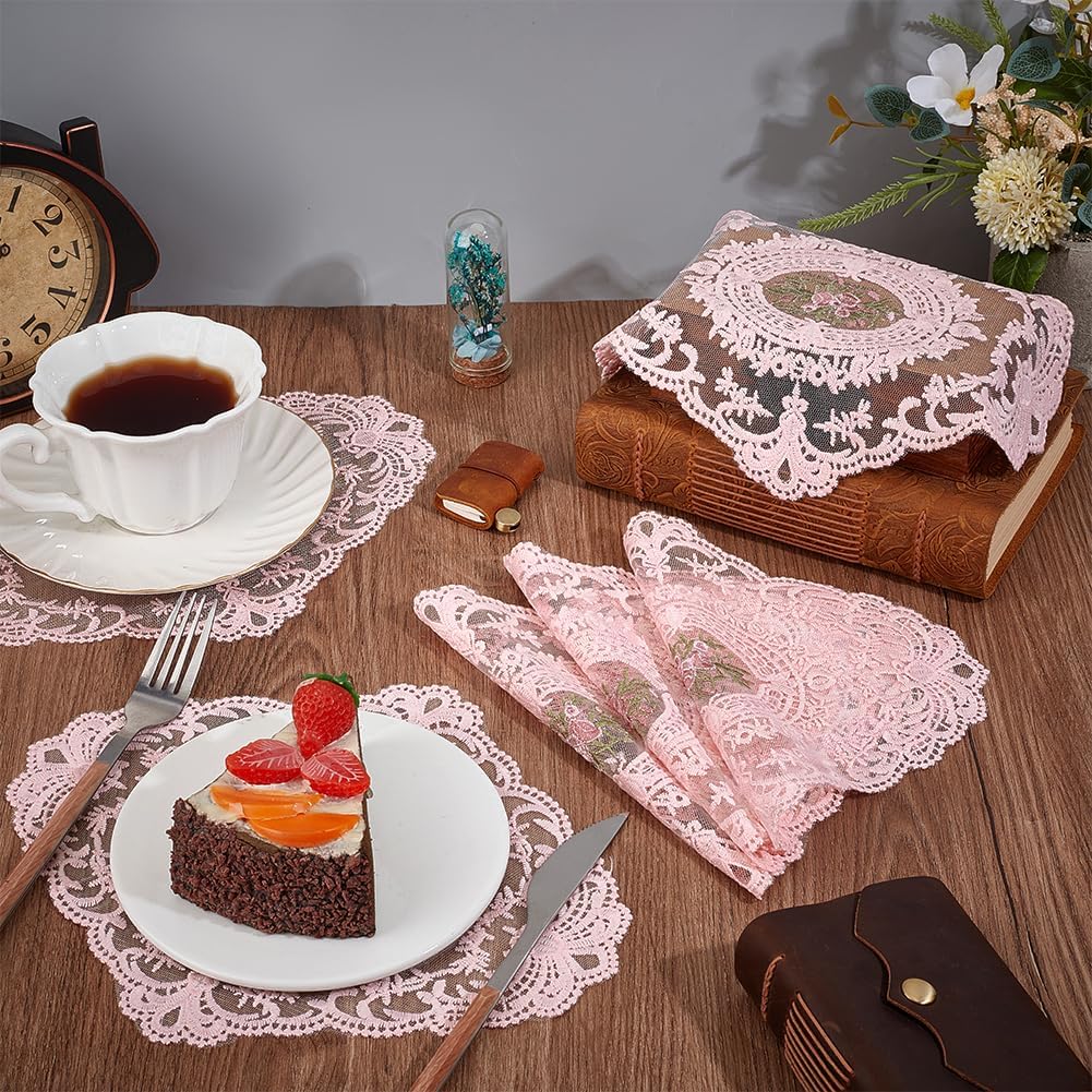 BENECREAT 6pcs 8.43 Inch Pink Retro Lace Placemats, 10.47 Inch Oval Embroidered Table Mats Lace Doily for Home Wedding Coasters Cup