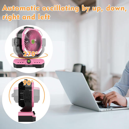 RUNTOP 45000mAh Large Battery Operated Fan, High Speed Oscillating Camping Fan with Remote,Quiet Adjustable Tilt Rechargeable Fans, Battery Powered fansfor Tent Home Office, Bedroom Travel (Pink)