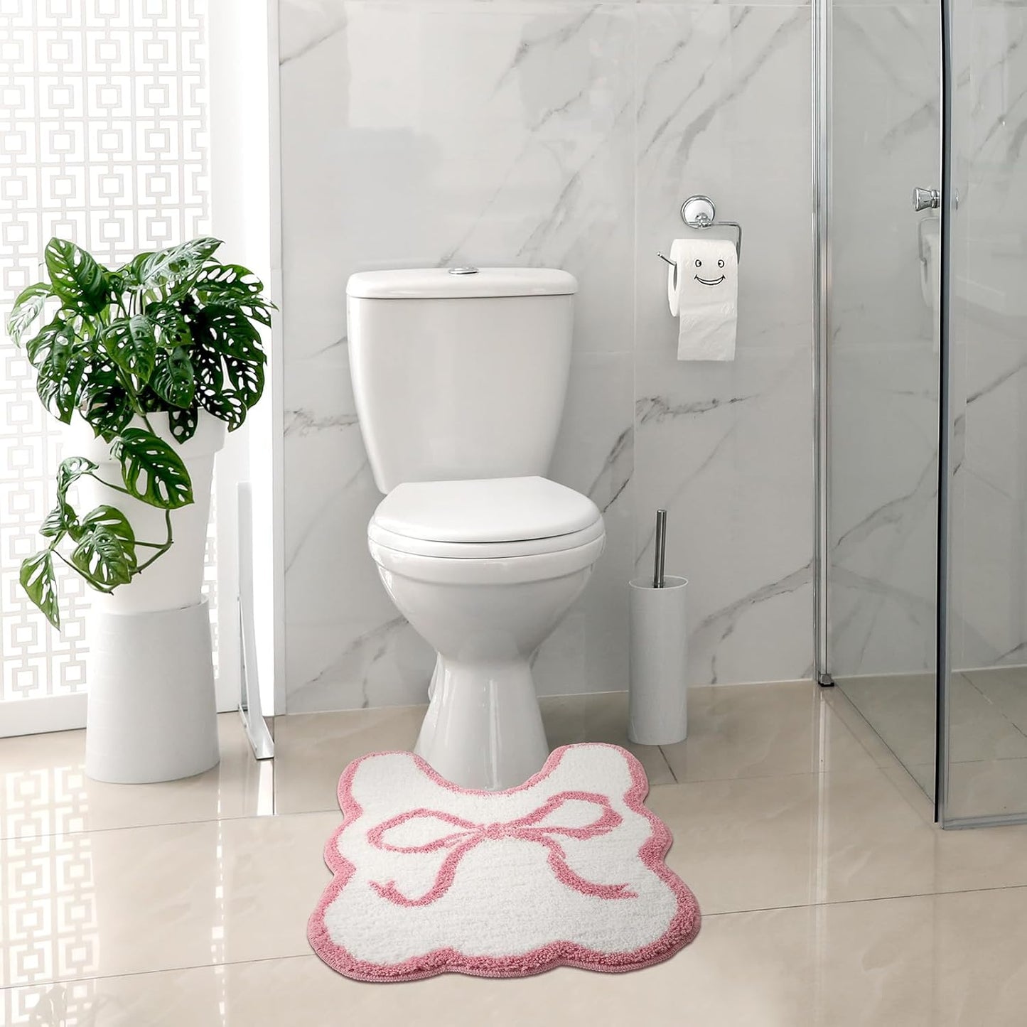 HunnmingRe Bow Toilet Rug U-Shaped Luxury Scalloped Bathroom Mat Non Slip Cute Microfiber Soft Plush Bath Rugs Pastel Bathroom Decor Coquette Stuff for Toilet Base(Pink,24 x 20 Inches)