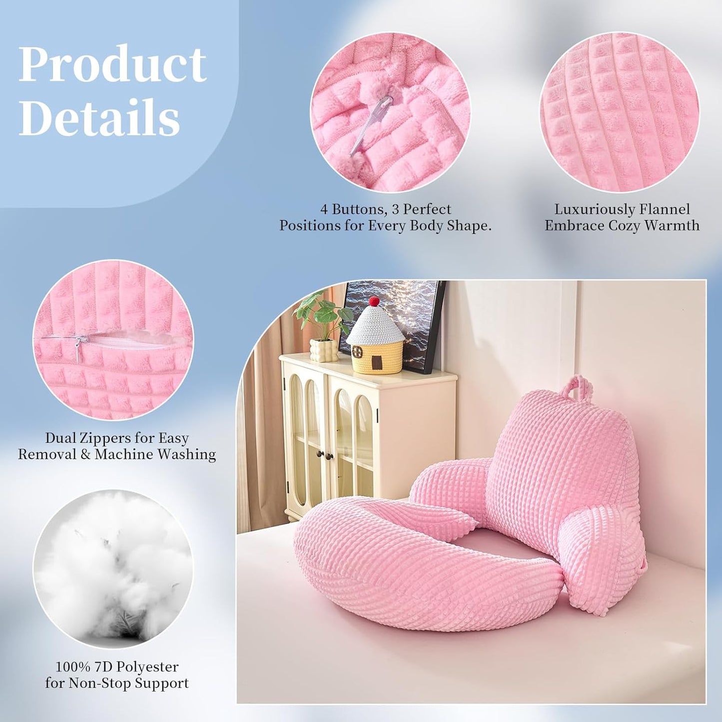 Bed Reading Pillow 17",Cozy Flannel U Shaped Back Support Cushion for Sitting up in Bed,Small Laptop Desk Lap Pillow for College Dorm,Apartment,Medium - Pink