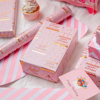 MAYPLUSS Pink Birthday Wrapping Paper Roll - 17 Inch X 16.5 Feet - Girly Shiny Metallic Pink Birthday Cake Pattern Reversible Gift Wrap Paper Pastel for Girl Baby Shower Wedding Bridal Shower