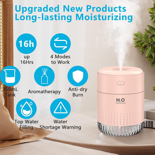 Colorful Mini Humidifier, USB Rechargeable Humidifier, small humidifier, 4 Modes Super Quiet, Humidifiers For Bedroom,Suitable For Travel Office Family Baby Bedroom-Soft Pink