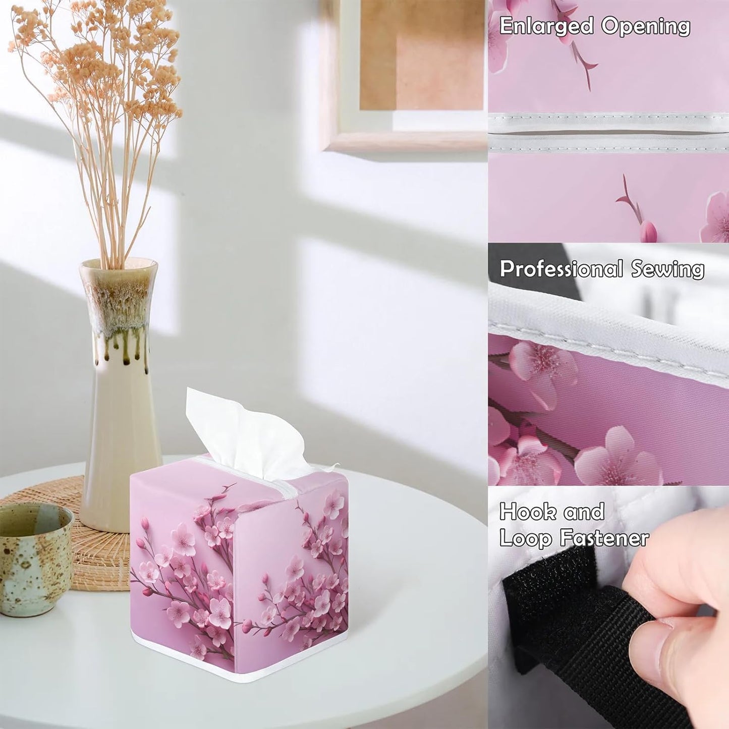 Flower Tissue Box Cover, Pink Purple Peach Blossom Square Fabric Tissue Box Holder, Reusable Toilet Paper Dispenser for Bathroom Home Car Nightstand Storage Organizer 5" x 5" x 5.5"
