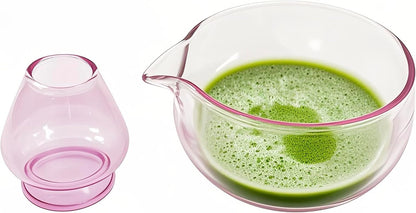 Matcha Bowl with Spout, Matcha Whisk Holder, Glass Matcha Bowl and Whisk Holder Set, Exquisite Matcha Set for Tea Ceremony(Pink)