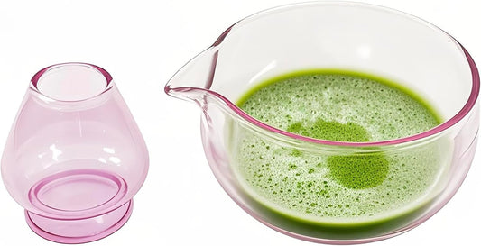 Matcha Bowl with Spout, Matcha Whisk Holder, Glass Matcha Bowl and Whisk Holder Set, Exquisite Matcha Set for Tea Ceremony(Pink)