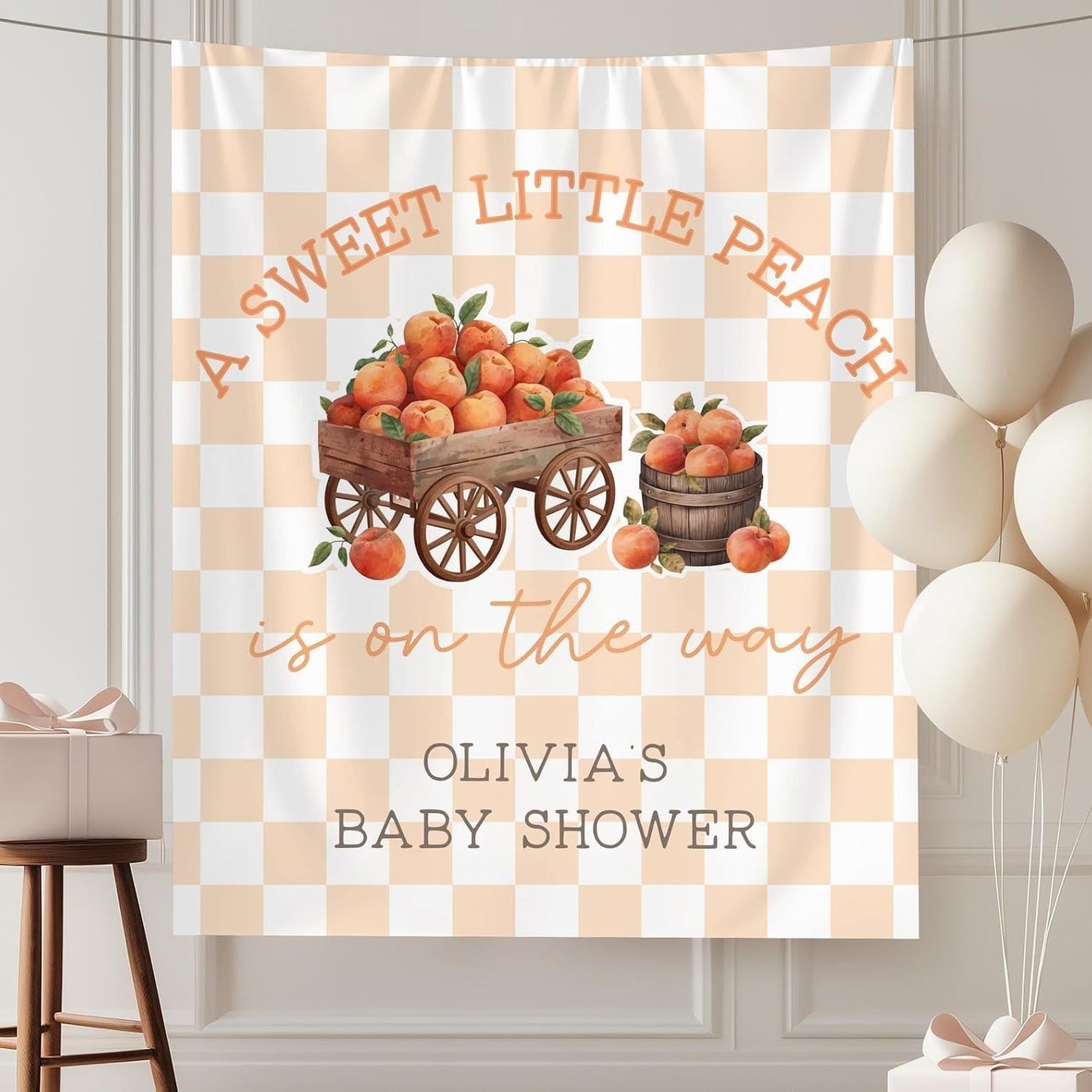 Little Peach Baby Shower Banner Sweet Peach Welcome Sign Orange Checkered Backdrop Summer Fruit Party Decor Tapestry Gender Neutral Baby Shower Decorations Themed Photo Booth Prop Supplies