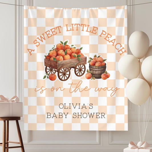 Little Peach Baby Shower Banner Sweet Peach Welcome Sign Orange Checkered Backdrop Summer Fruit Party Decor Tapestry Gender Neutral Baby Shower Decorations Themed Photo Booth Prop Supplies