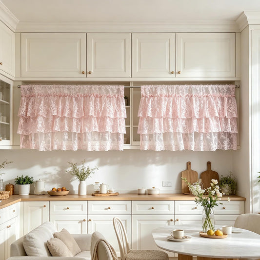 Gxi Pink Lace Ruffled Sink Curtain，Floral Embroidered Sheer Tier Curtain for Bathroom Vanity, Farmhouse Under Sink Skirt with Rod Pocket, Light Filtering Half Curtain for Kitchen, Nursery 2 Panels