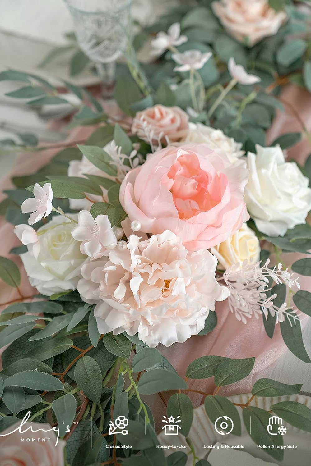 Ling's Moment Pink Artificial Flower Garland Wedding Arch 6 FT | Blush Rose & Eucalyptus, Greenery, Sweetheart Table Decor, Floral Garland for Mantle, Centerpieces, Backdrop