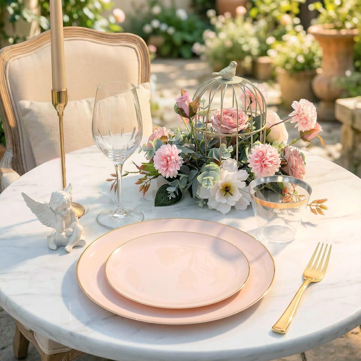 WDF 150Pcs Pink Plates Disposable - Pink and Gold Plastic Plates 25guest Disposable Dinnerware Include 25 Dinner Plate, 25 Dessert Plate, 25 Cutlery & 25 9oz Cups for Baby Shower/Wedding/Birthday