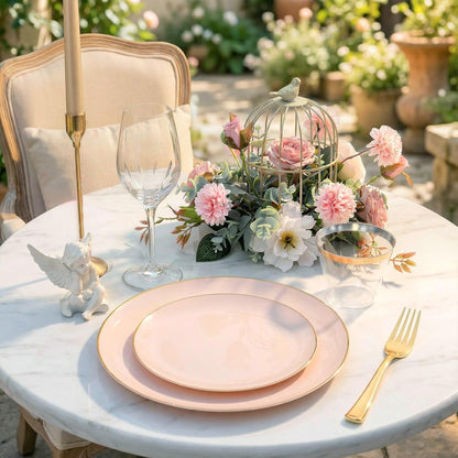 WDF 150Pcs Pink Plates Disposable - Pink and Gold Plastic Plates 25guest Disposable Dinnerware Include 25 Dinner Plate, 25 Dessert Plate, 25 Cutlery & 25 9oz Cups for Baby Shower/Wedding/Birthday