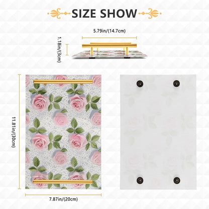 Pink Lace Rose Flowers Decorative Acrylic Cafeteria Tray with Handles Decorative Serving Trays for Jewelry Perfume for Party Serving bandeja para Comer