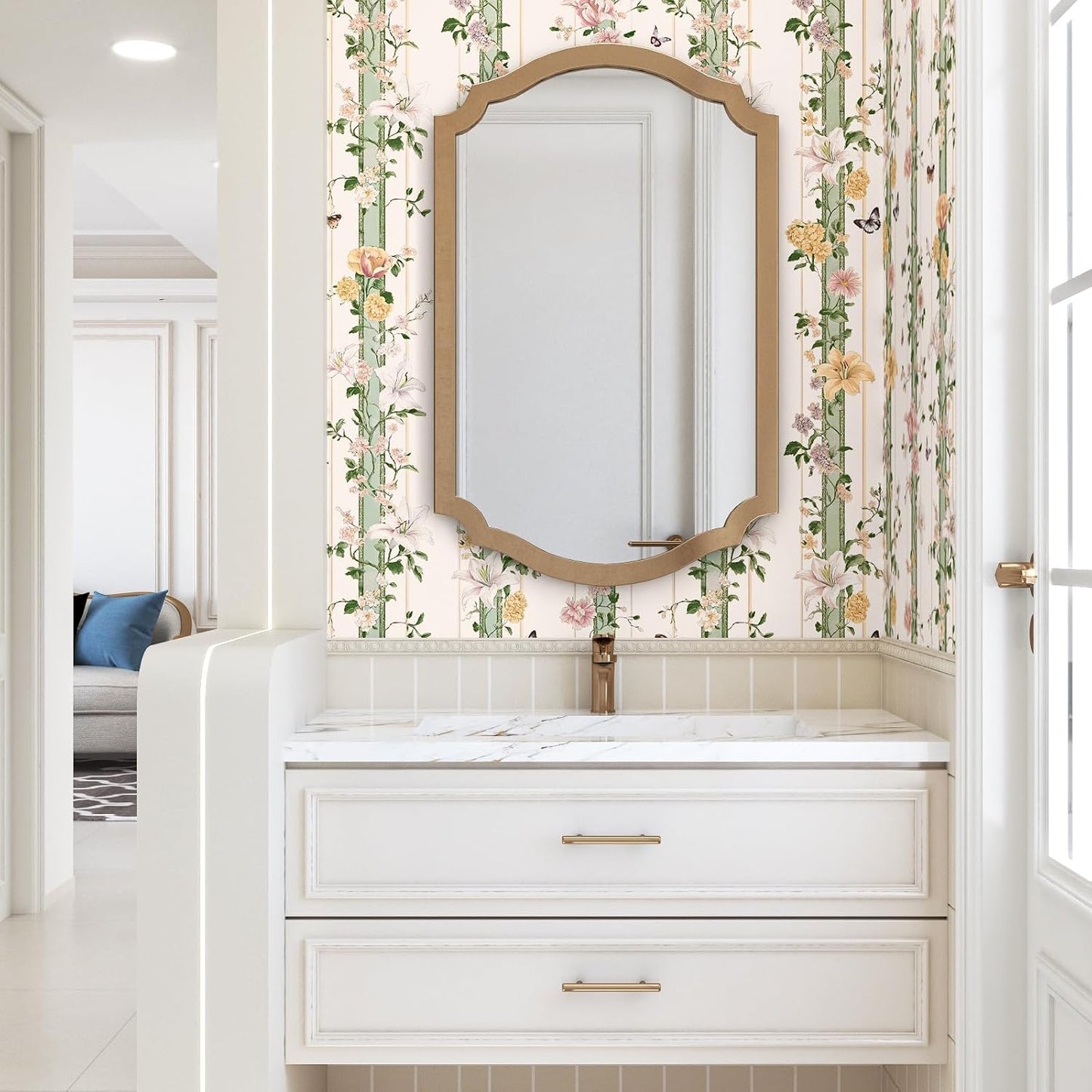 BOKEBEVE Extra Long Beige Pink Wallpaper Peel and Stick Boho Floral Contact Paper Renter Friendly Wall Paper for Tabletop Bathroom Shelf Liner Removable 17.5 x 393.5In