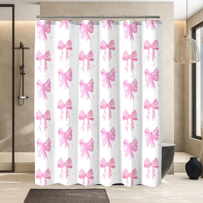 Pink Shower Curtain, Cute Bow Kids Girls Girly Fabric Bathroom Curtains Set with Hooks, Waterproof Home Decoration, 72x72 Inch
