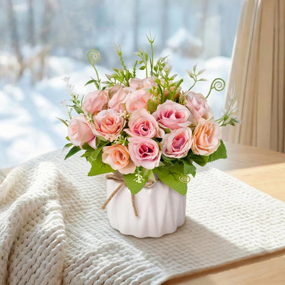 Pink Artificial Roses with Ceramic Vase, No Maintenance Fake Flowers for Table Decor, Realistic Silk Rose Bouquet for Home Office Wedding Gift