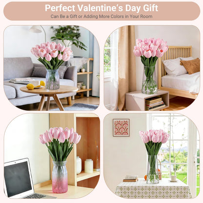 16 inch Fake Tulips Artificial Flowers, 20PCS Real Touch Fakes Tulip Plants for Bridesmaid Bouquet and Wedding Ceremony Festivals Anniversary Bridal Rehearsal Party Bar Table Decor-Pink