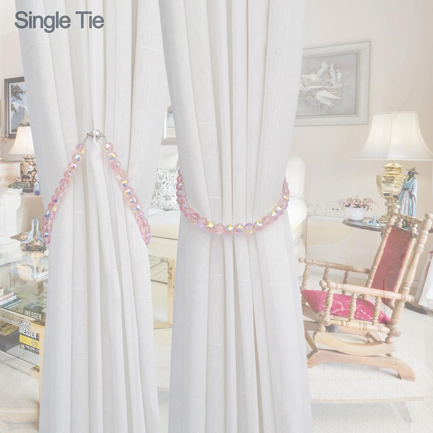 PEDOBO Magnetic Curtain Tiebacks, Faceted Disco Crystal Glass Beaded Curtain Tiebacks Drapery Shower Sheer Curtain Holdbacks Boho Farmhouse Home Decor (Pink)