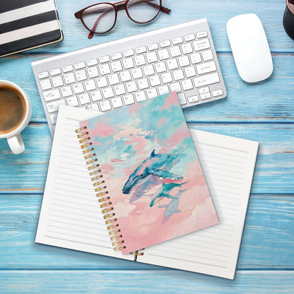 Pink Pastel Humpback Whale Ocean Notebook Journal 5.5x8.3, Humpback Whale Gifts for Ocean Lovers, Coastal Beach Marine Biology Spiral Hardcover Journal Notebook for Work Study Note Taking