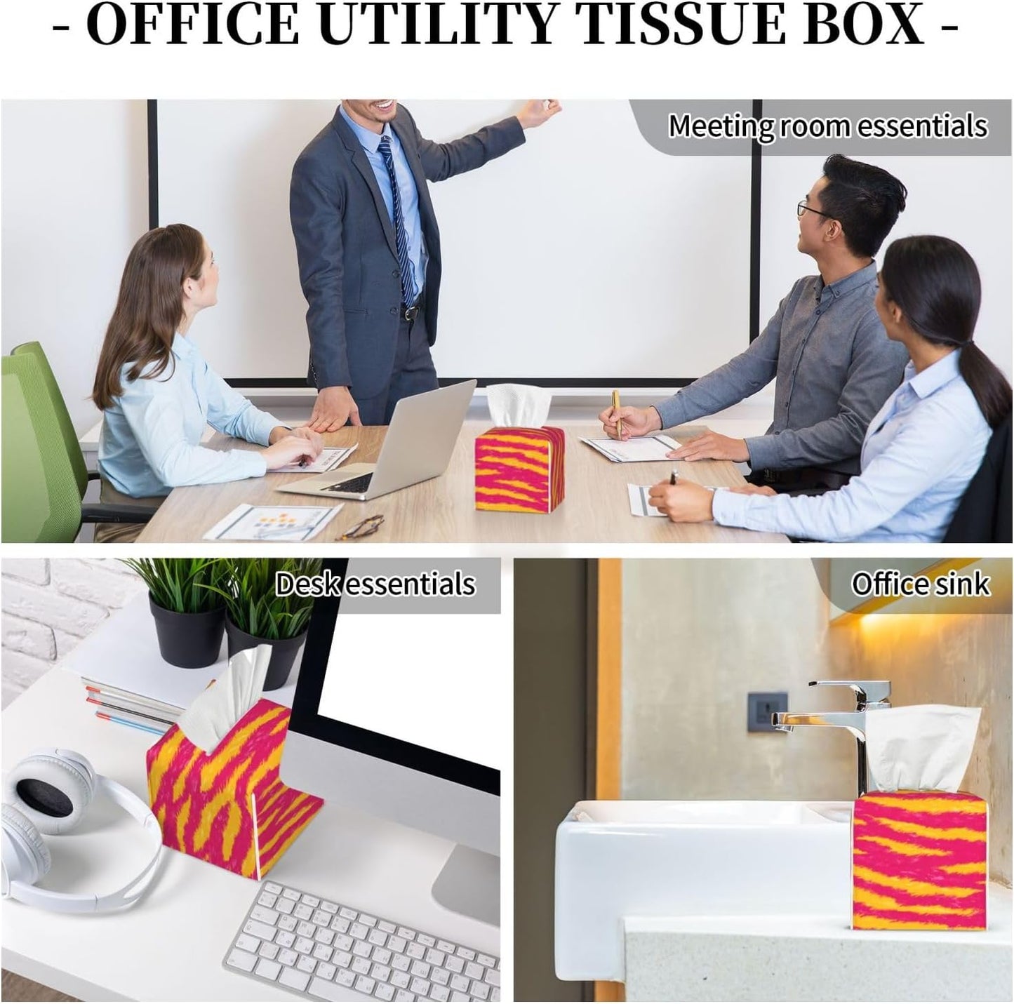 Neon Pink and Yellow Tiger Stripe Pattern Tissue Box Cover Square Pu Leather Waterproof Tissue Box Holder for Car Bathroom Bedroom Office Tabletop Decor