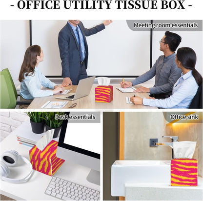 Neon Pink and Yellow Tiger Stripe Pattern Tissue Box Cover Square Pu Leather Waterproof Tissue Box Holder for Car Bathroom Bedroom Office Tabletop Decor