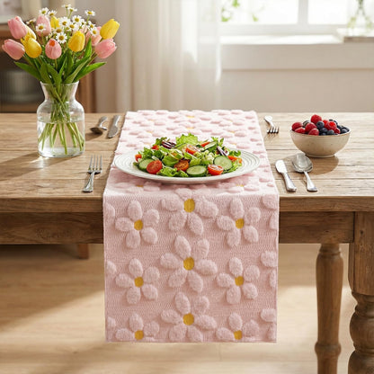 Artoid Mode Pink Soft Plush Faux Fur Jacquard Embroidery Daisy Spring Table Runner, Kitchen Dining Table Decoration for Home Party Decor 13x72 Inch