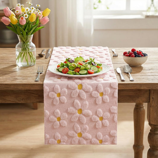 Artoid Mode Pink Soft Plush Faux Fur Jacquard Embroidery Daisy Spring Table Runner, Kitchen Dining Table Decoration for Home Party Decor 13x72 Inch