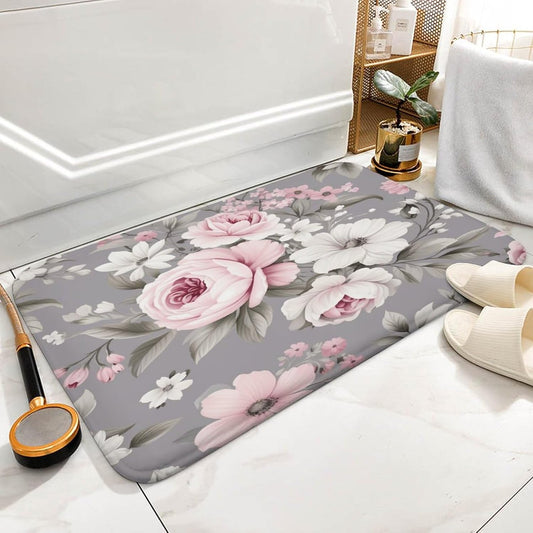 Retro with Pink Flowers And Leaves Shower Mat Watercolor Floral Pattern Rose Velvet Floor Rug Non Slip Bathroom Decor Mats Home Decor 16x24 Inch Water Absorbent Soft Machine Washable Floor Mat