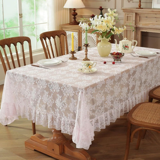 Vintage Farmhouse Floral Lace Rectangular Tablecloth, Ruffled Edge Sheer Table Cover for Dining Room Decor (Pink,55" W x 110" L(Pack of 1))