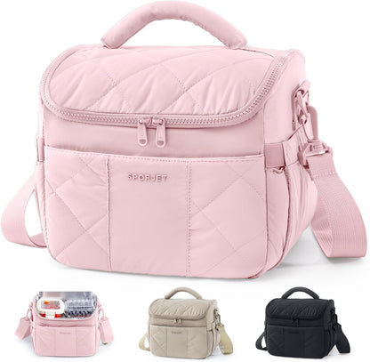 Insulated Lunch Bag for Women, Quilted Lunch Tote Bag with Shoulder Strap, Leakproof Soft Lunch Box, Reusable Lunch Cooler Bag for Work Office Picnic Travel, Large Capacity